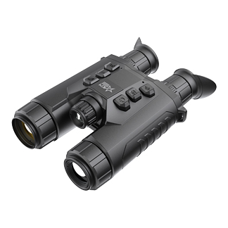 Black compact binoculars with dual eyepieces and multiple control buttons on the center housing, viewed from above.