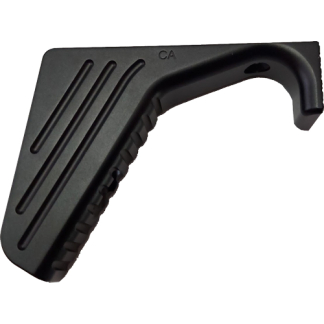 Black plastic right-angle hand tool with a curved hook end and ribbed grip; appears to be a snagging or prying tool with a serrated edge on one side