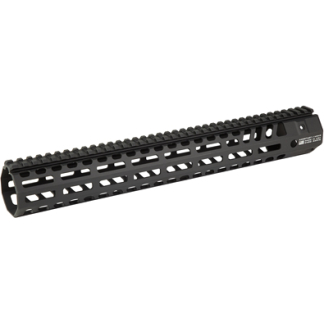 Black aluminum rifle handguard with Picatinny rails and ventilation slots for accessory mounting