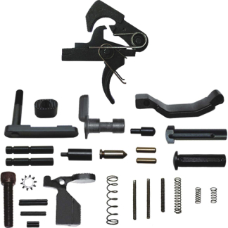 Assorted small metal parts and tools laid out on a white background, including springs, pins, screws and small levers.