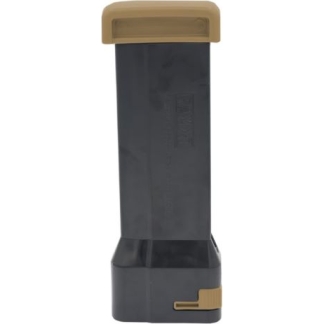 Detachable rifle magazine in dark gray with a tan floorplate, oriented upright.