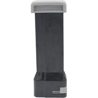 Tall dark gray plastic battery pack or cartridge with a light gray curved top and bottom lip.