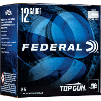 Box of Federal 12-gauge clay target shotshells, 25 rounds, Top Gun brand, Made in USA accessories visible on package