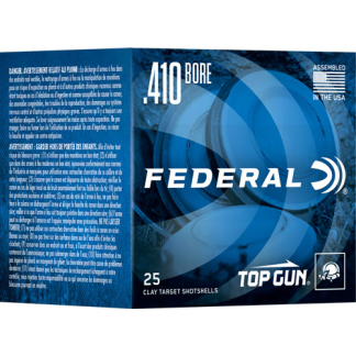 Box of Federal .410 bore Top Gun clay target shotgun shells, 25 shotshells, assembled in the USA.