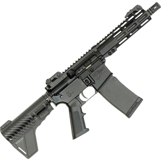 Close-up of a black AR-style rifle upper with a vented, quad-rail handguard and attached magazine