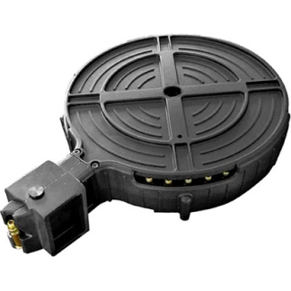 Circular drum-style magazine with an attached feed mechanism, used to hold and feed ammunition for an airsoft or similar firearm.