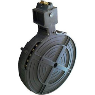 Circular drum-style magazine for a firearm or airsoft gun, with top feed mechanism visible on the side view.