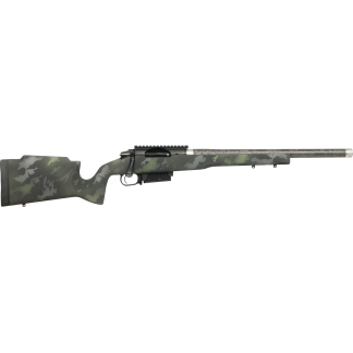 Camouflage-pattern bolt-action rifle shown from the side with a long barrel to the right of the image, resting on a plain background.