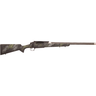 Bolt-action rifle with woodland camouflage stock and long barrel, shown in profile on a white background.