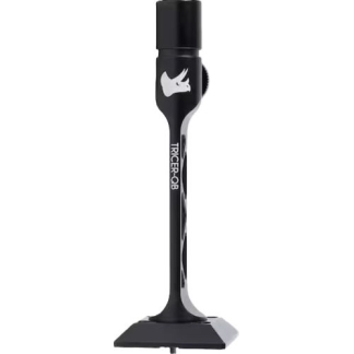 Tall black mounting stand with a wide base and side tightening knob, intended to hold or support a handheld accessory.