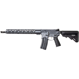 Modern black AR-style rifle with quad-rail handguard, curved 30-round magazine, and adjustable stock.