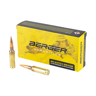 Berger Ammunition yellow box labeled '20 Match Grade Cartridges' with two rifle bullets nearby.