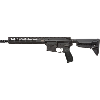 Black AR-style semi-automatic rifle with a collapsible stock and quad-rail handguard.