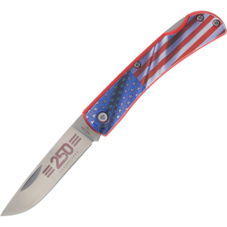 Close-up of a fixed-blade knife with an American flag motif on the handle, displayed diagonally against a white background.