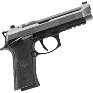 Semi-automatic pistol shown from the side with a black textured grip and silver slide on a white background.