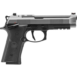 Side view of a semi-automatic handgun with a black grip and silver slide, shown from the left/right side (informational image).
