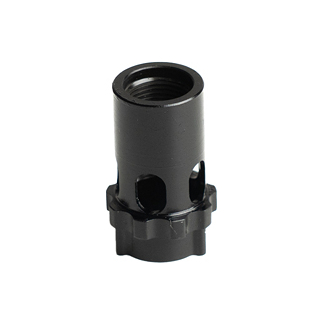 Black cylindrical metal adapter with internal threading, side holes, and a serrated bottom edge.