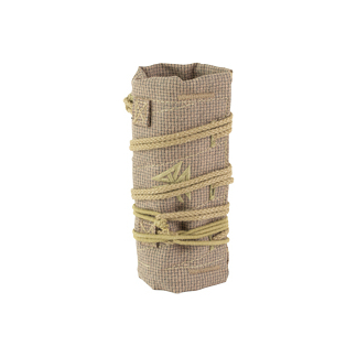 Rolled burlap fabric bound with twine ropes forming a cylindrical bundle.