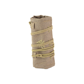 Rolled burlap fabric tied with twine into a compact bundle.