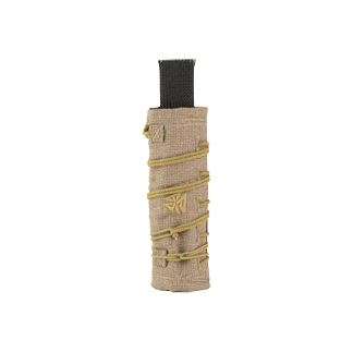 Beige fabric roll wrapped with yellow cord and a black loop at the top, resembling a compact pouch or sheath