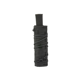 Black cylindrical tactical flashlight holster with a cord wrap and top strap, viewed from the side.