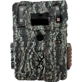 Camouflage trail camera facing forward with lens center, infrared sensors at top corners, and rugged camo housing, ready for wildlife monitoring.