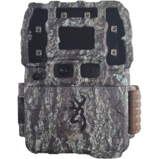 Camouflage trail camera facing forward with lens, motion sensors, and infrared LEDs visible on the front.