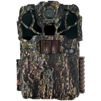 Camouflage trail camera with lens at the top and infrared windows for wildlife monitoring in a forest pattern.