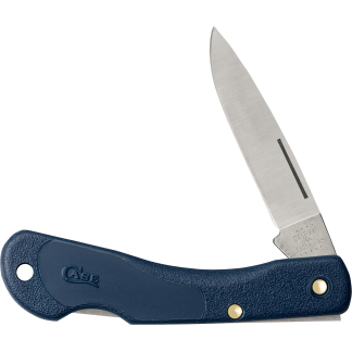 Blue textured folding pocket knife with blade partially opened.