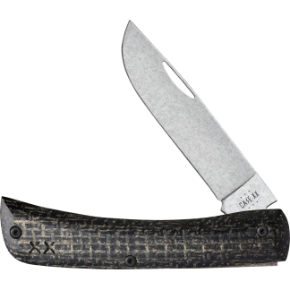 Close-up of a folding knife blade above a textured black handle.