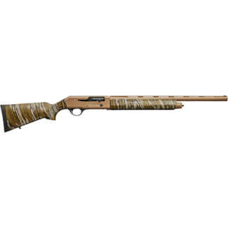 Camouflage-pattern shotgun with a long barrel and pump-action fore-end.