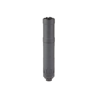 Gray cylindrical industrial component, a long damper/shock absorber with mounting ends on top and bottom