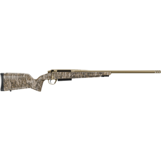 Camouflage-pattern bolt-action hunting rifle with a long barrel.