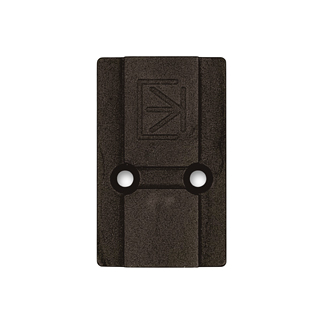 Black plastic mounting plate with two holes for screws.