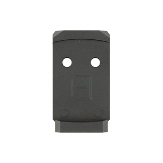 Front view of a small black plastic electrical connector with two circular holes and a subtle embossed symbol in the center.