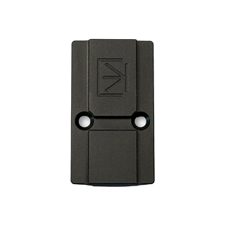 Small black plastic belt clip with two screw holes and a central hinge, used to attach a device to a belt or strap.