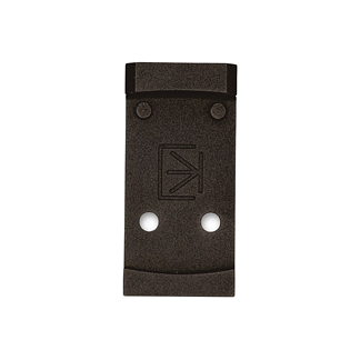 Black rectangular plastic clip with two circular holes and a raised emblem in the center, likely a mounting bracket.