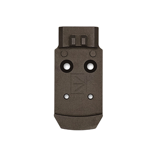 Brown polymer firearm accessory mounting plate with two large circular holes and two small holes, top rail area visible