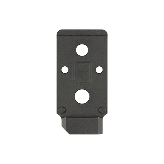Black metal mounting plate with four screw holes and a central opening for attachment parts.