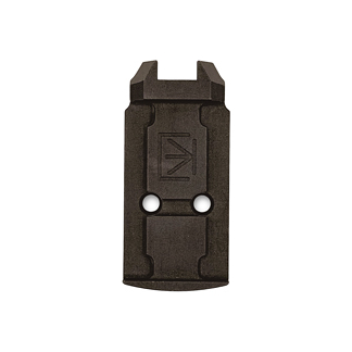 Small black rectangular mounting bracket with two circular holes and a U-shaped notch at the top.