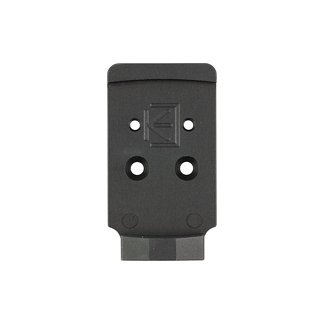 Black plastic mounting plate with four circular holes and a rectangular bottom connector