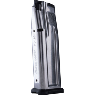 Metal handgun magazine with a black baseplate, shown in a silver finish at an angled side view.