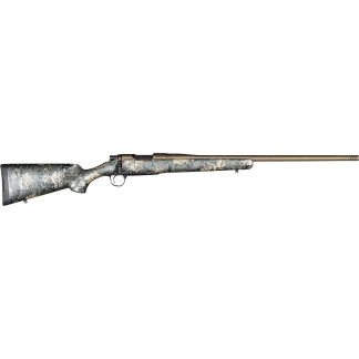 Camouflage-pattern bolt-action rifle with long tan barrel, shown in profile left-to-right