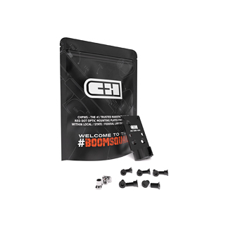 Black resealable pouch with a white logo; below it lies a small hardware kit with metal connectors and fasteners.