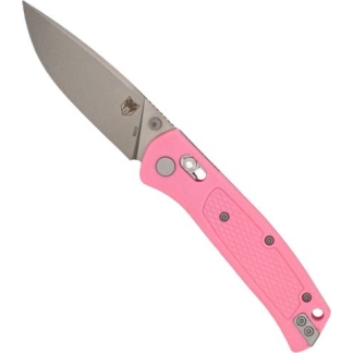 Pink-handled folding knife with the blade partly extended.