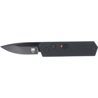 Black folding knife with a textured handle and blade extended, featuring a small emblem on the blade