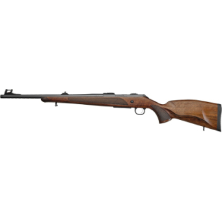 Bolt-action rifle with wooden stock and metal barrel, shown in profile in left-facing side view.