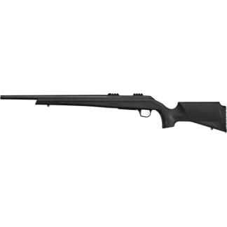 Long-barreled rifle with a black synthetic stock, lying horizontally (firearm)