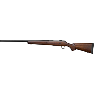 Bolt-action rifle with a long steel barrel and brown wooden stock, shown from the left side.