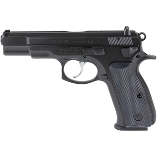Black semi-automatic handgun with textured grip and silver trigger guard viewed from the side.